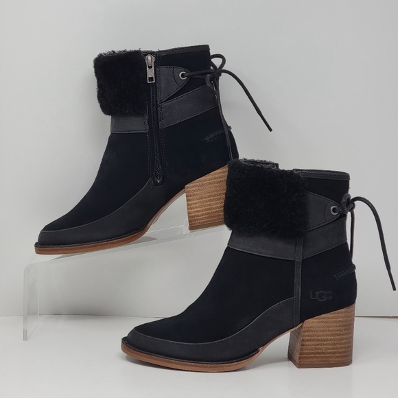 UGG Women's Wedge Block Boots Lace Up Shearling Suede 1104863 Size 6 Pre-owned - Picture 2 of 10